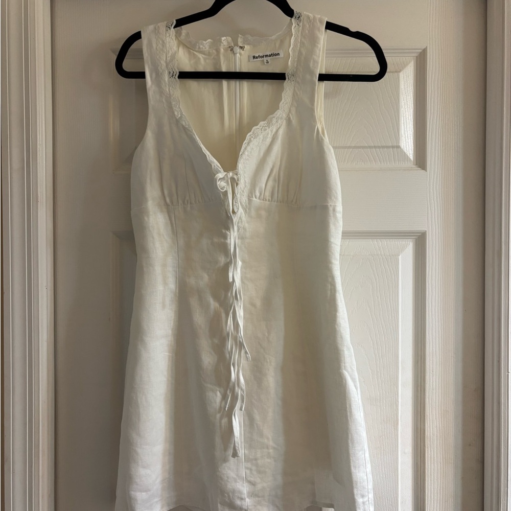 Reformation Ivory Linen Tie-Front Slip Dress